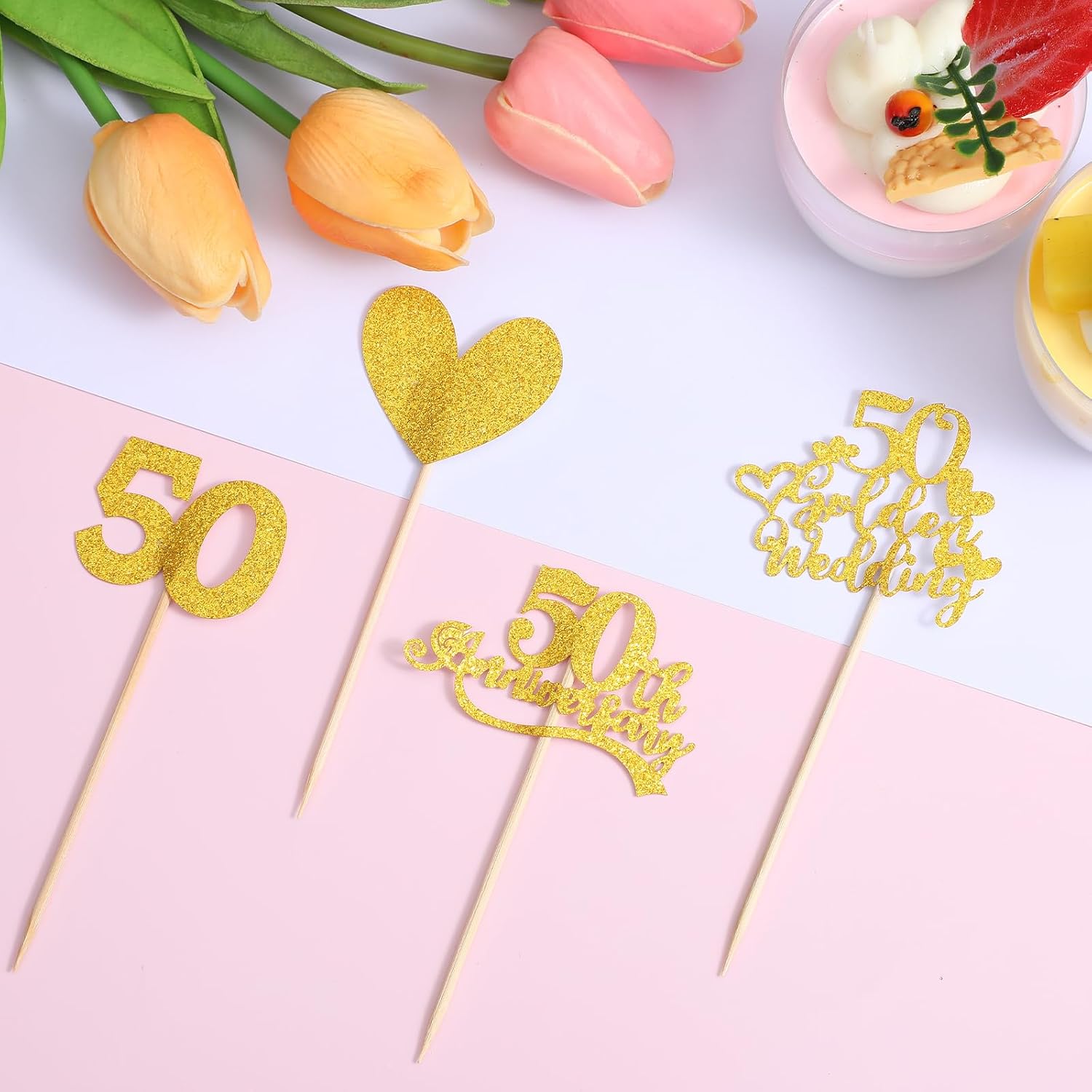 36 Pcs Golden 50th Anniversary Decorations,Ymapinc Gold Centerpieces for Table,Happy 50th Anniversary Cake Topper Cheers to 50 Years Table Centerpieces, Party Decorations for Cake Supplies