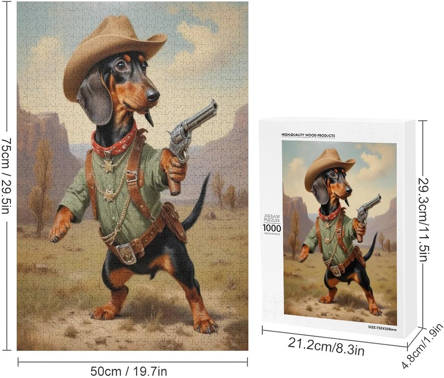Dachshunds Dog Cowboy Gun Vintage Oil Painting 1000 Piece Puzzle for Adults Puzzle Jigsaw Puzzles 1000 Pieces Wooden Puzzles for Adults Teens 1000 Piece Puzzle Gift for Women Men 29.5x19.7 Inch