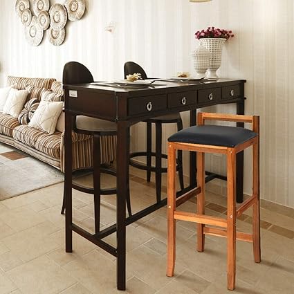 Genuine Decor Set Of 2 Acacia Solid Wood Counter Height Bar Stool With Cushioned Seat | Bar Chair Set Of Two | Break Fast Counter Chair - 35.6 Cm, 75 Cm, Brown