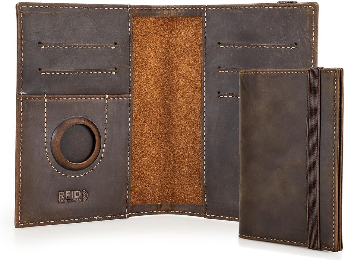 CONTACTS Full Grain Leather Airtag Passport Holder for 2 RFID Blocking Travel Passport Wallet Slim Passport Cover Case for 2 Passports with 5 Card Slots