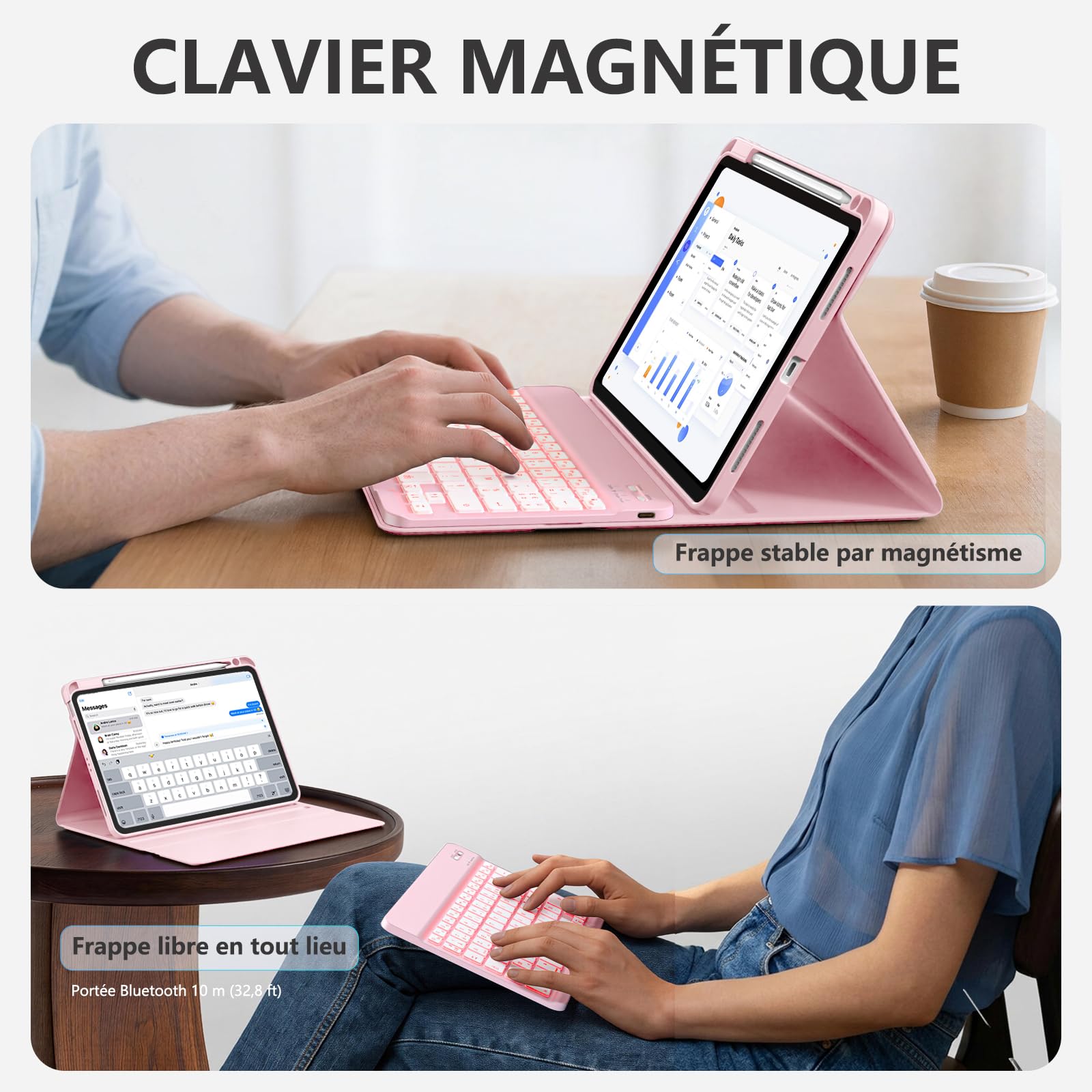 Coque Clavier pour iPad Air 11 Pouces (M4 2026/M3 2025/M2 2024), Étui Keyboard pour Air 4/5ème Génération 2020 2022 avec Rétroéclairage à 7 Couleurs et Porte-Crayon, Clavier AZERTY, Rose