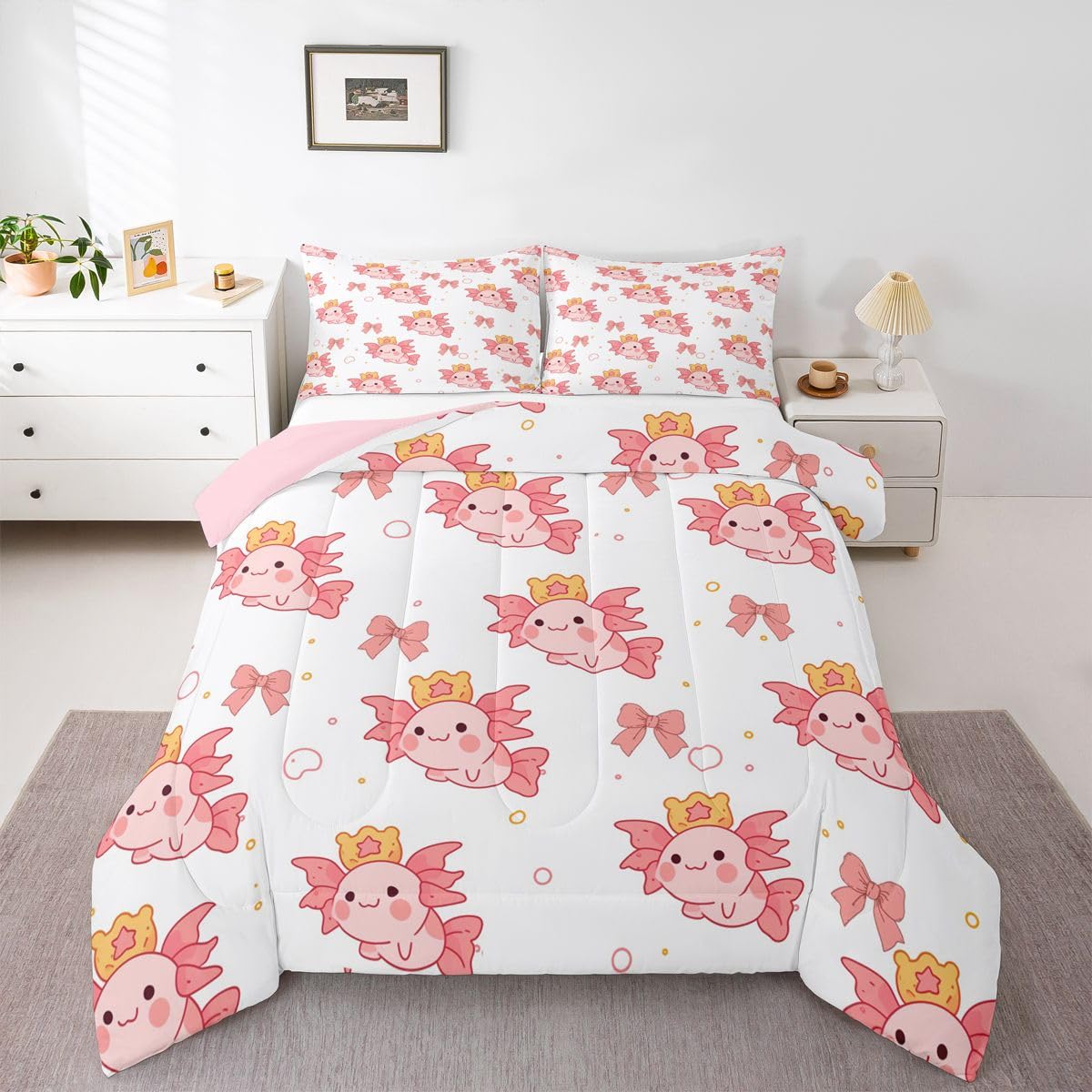 Homewish Kawaii Axolotl zestaw pościeli King Size - Axolotl zestaw pościeli do pływania, różowa kokarda, bąbelkowa kołdra, zwierzęta morskie, poszewka na kołdrę z 2 poszewkami na poduszki
