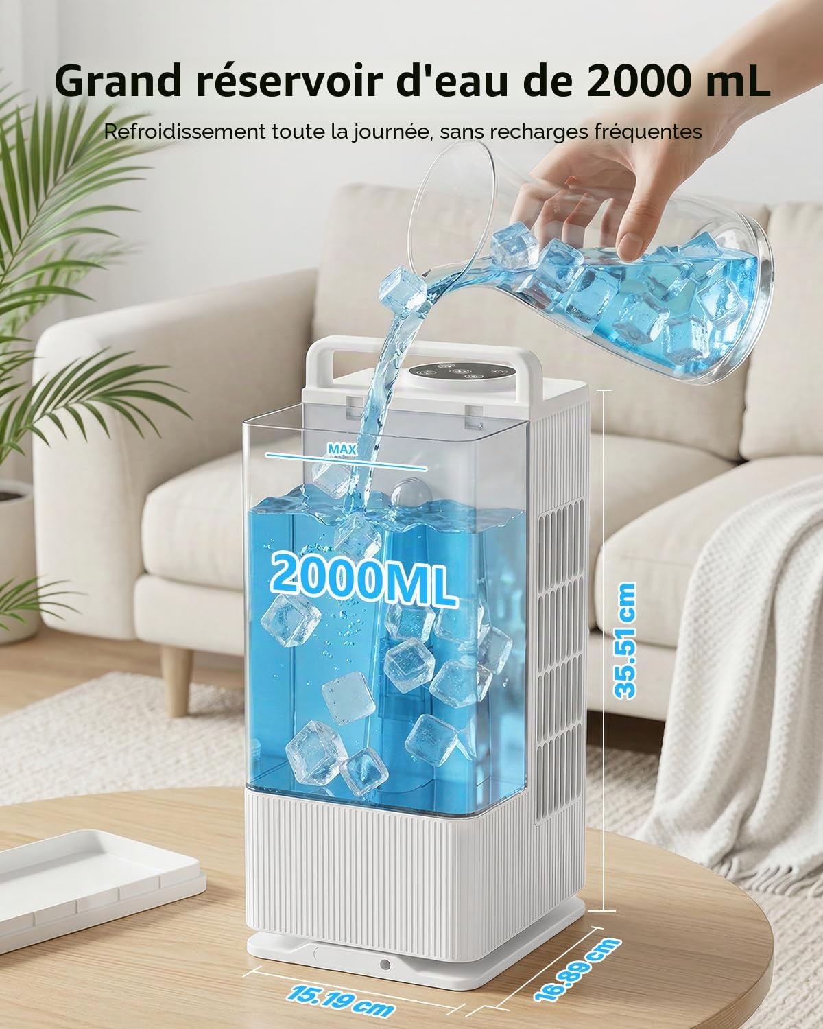Rafraîchisseur d'Air Portable：Réservoir 2L, Oscillation 120°, 4 Vitesses, LED, Minuteur et Télécommande, Ventilateur Rafraîchissant pour Maison et Bureau