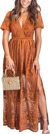 LRISES Womens V Neck Floral Embroidered Lace Wedding Maxi Dress Boho Bridesmaid Wedding Guest Cocktail Party Dress Orange