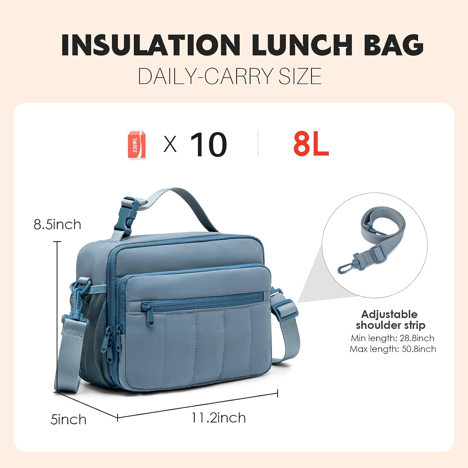 NOL Lunch Bag for Women, 8L Quilted Cooler Tote – Lightweight, Waterproof, Reusable Puffy Lunch Box for Work & Office, Dusty Blue image 2