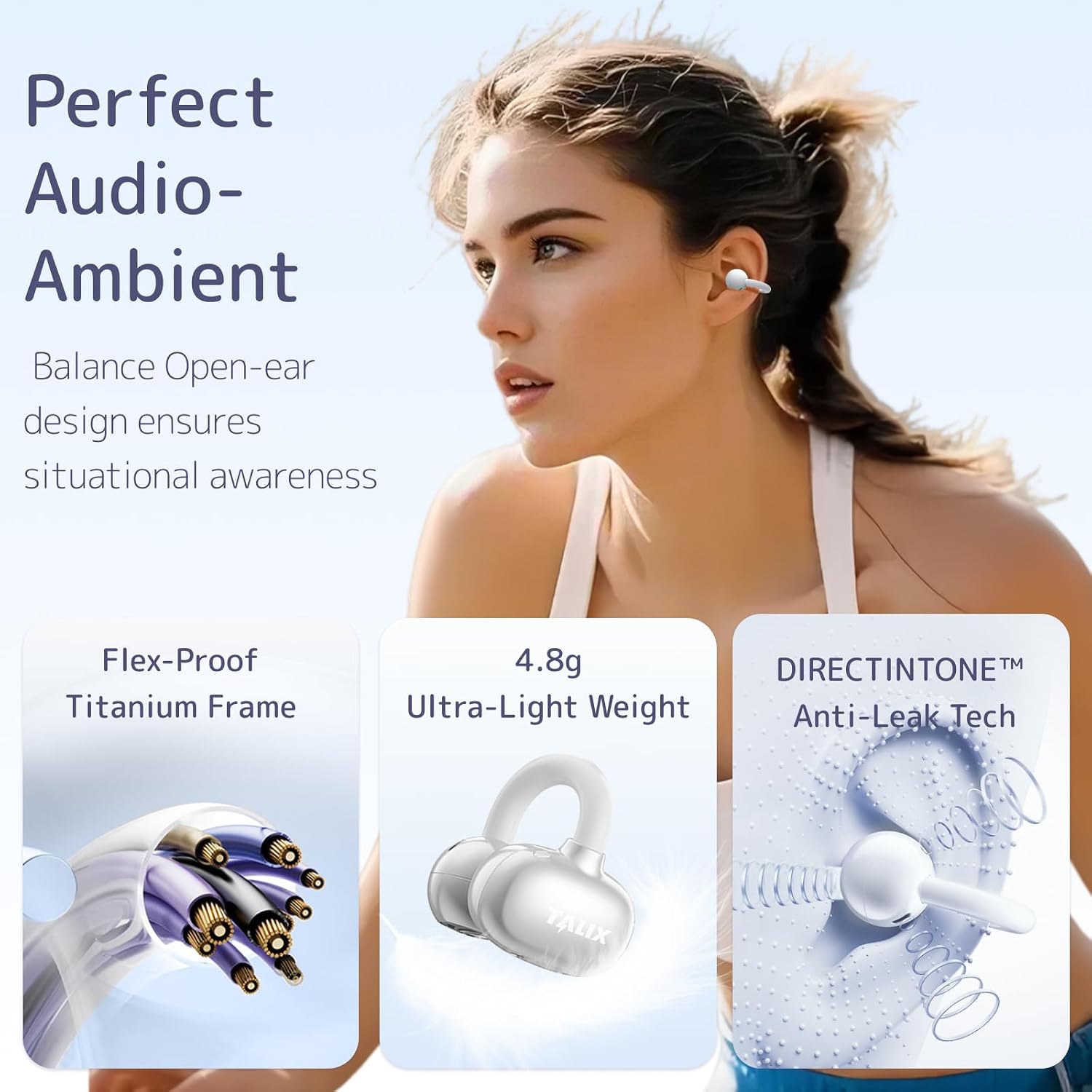 Woman wearing HHOGene TALIX X6 earbuds, demonstrating the comfortable and secure open-ear fit.