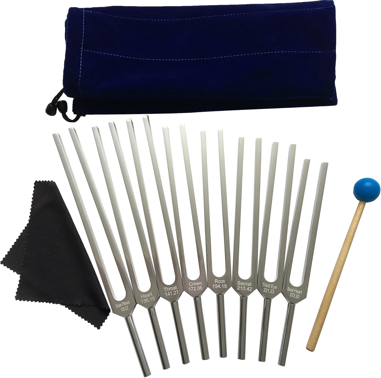 CNWHHS Tuning Fork, 7 Chakras +1 Soul Purpose Weighted Tuning Forks with Silicone Hammer and Cleaning Cloth, Aluminum Alloy Professional Instrument (126.22 Hz, 136.1 Hz, 141.27 Hz etc.) (silver) : Musical Instruments