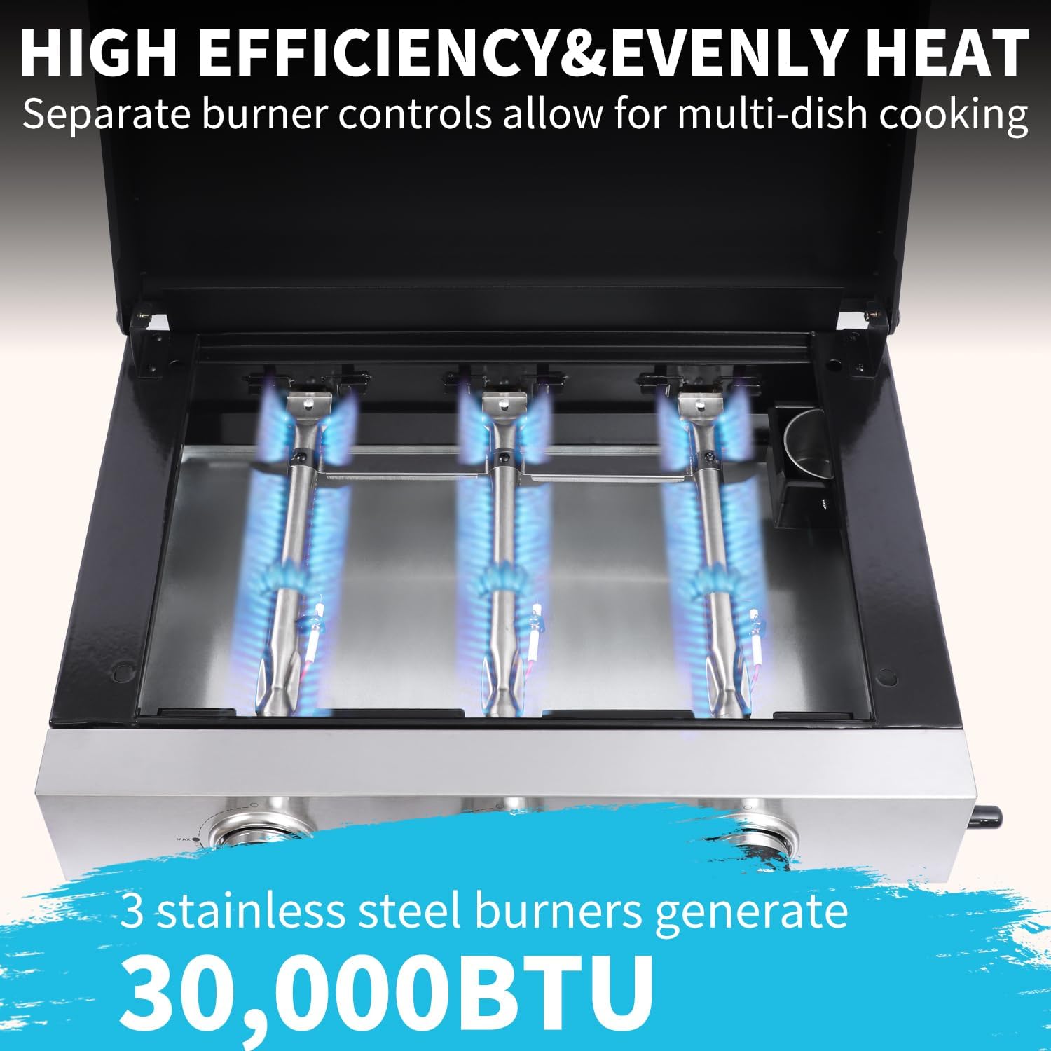 22" Flat Top Grill with Lid, 3 Burner Portable Gas Griddle for Outdoor, BBQ, Camping, Backyard & Tailgating Barbecue, 30,000 BTU Tabletop Propane Griddle 322 Sq. In.