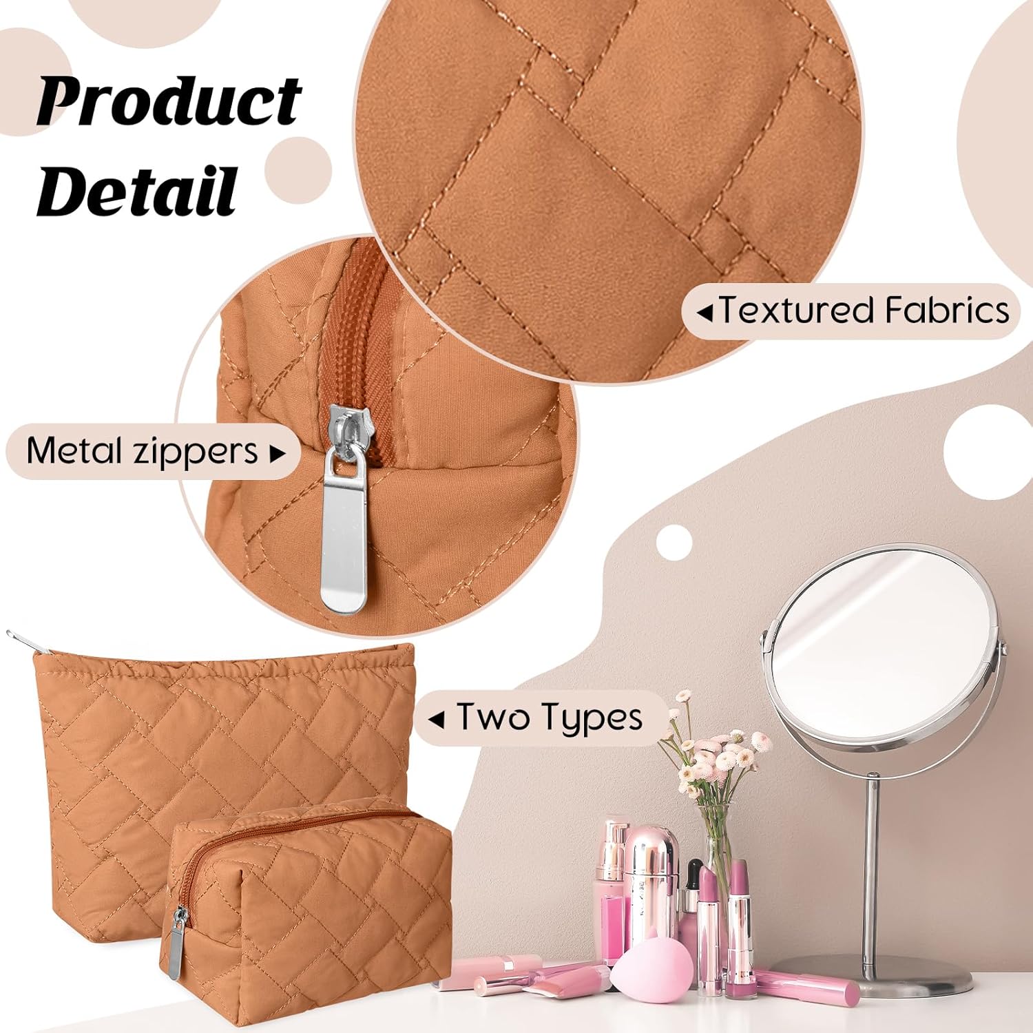 2 Pc Christmas Gift Makeup Bag Set Cute Quilted Cosmetic Pouch for Women Travel Toiletry Bag Preppy Small Makeup Purse Pouch Skincare Brushes Storage Organizer Pencil Case Set(Brown) - Image 3