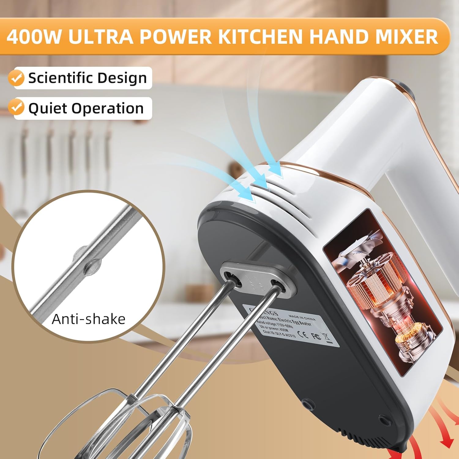 Hand Mixer, 5-Speed Electric with Turbo Boost, White, Copper Motor, 400W, Dishwasher-Safe Attachments for Baking, Whipping, Dough