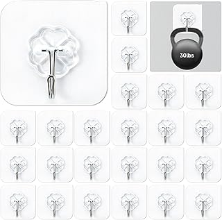 Mlici 24 Pack Clear Self-Adhesive Wall Hooks, 30lbs Heavy-Duty Sticky Hooks for Kitchen Bathroom, Without Nails Reusable Utility Hooks for Hanging, Organization and Storage Home Improvement