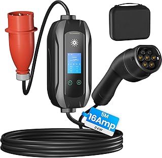 Mobile Wallbox 11KW Ladestation, 5M|Typ 2 Ladekabel mit CEE Stecker, 6-16A Einstellbarer Ladeleistung Tragbare EV Ladegerät, 3 Phasig EV Charger Wallbox für Elektroauto & Hybrid (PHEV/EV)