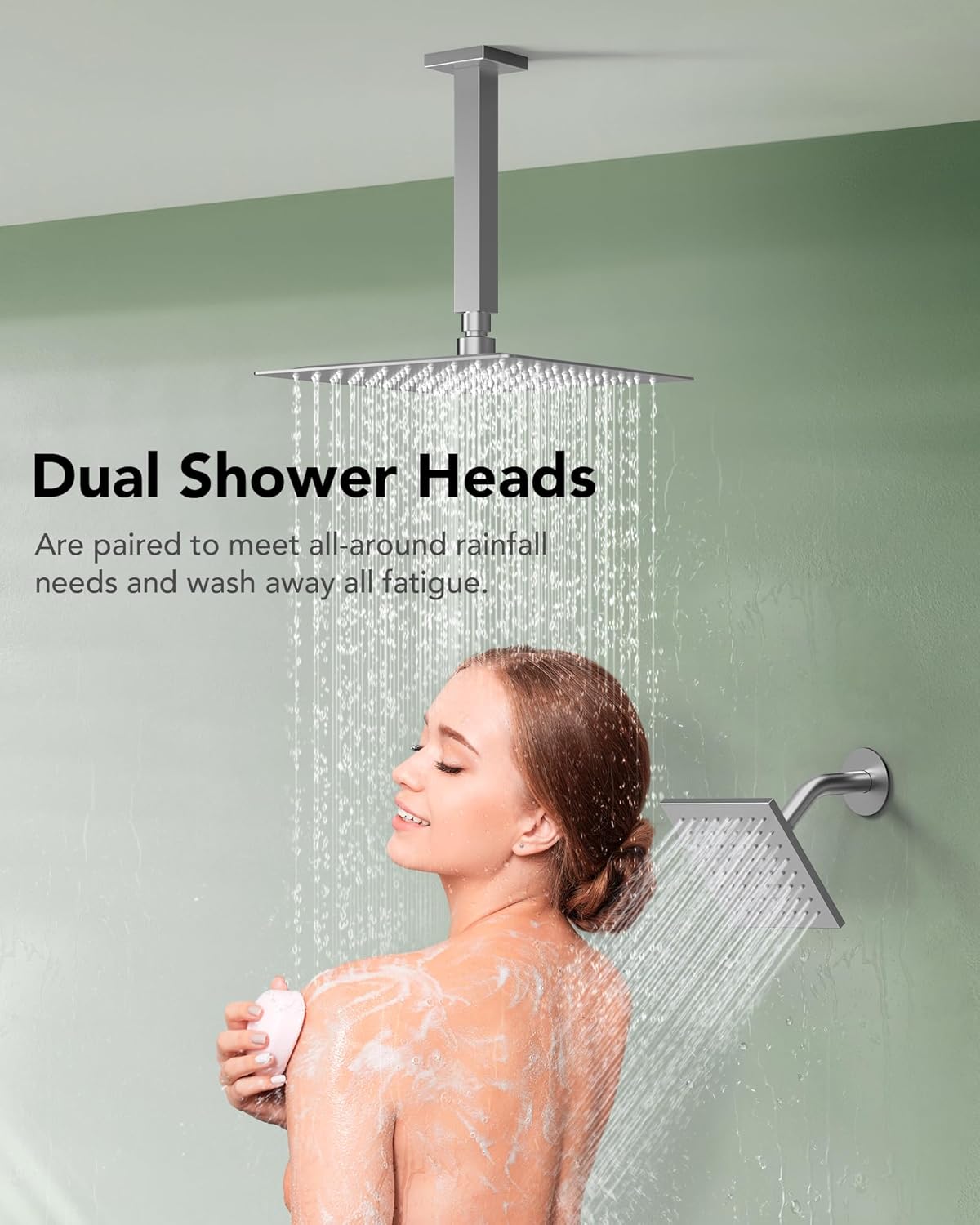 Dual Shower Heads Shower System: Aposhion Thermostatic Shower System - 16" & 6" Rainfall Shower Heads with Handheld Sprayer & 6 Body Massage Jets, Bathroom Shower Faucet Set with Valve, Brushed Nickel