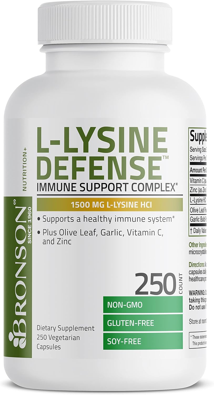 Bronson L-Lysine Defense Immune Support Complex 1500 MG L-Lysine Plus Olive Leaf, Garlic, Vitamin C and Zinc - Non-GMO, 250 Vegetarian Capsules