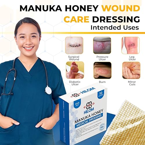 Miniatura 2 de Hilom Aderezo de gasa de miel de manuka de grado médico de 4 x 4 pulgadas (paquete de 5 unidades, no adherente), primeros auxilios para heridas