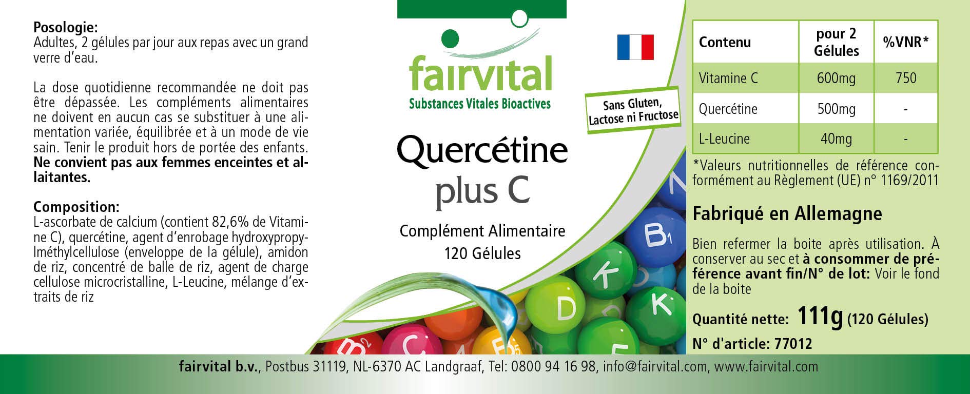 fairvital Gélules de quercétine à la vitamine C, 120 gélules, HAUTEMENT DOSÉ, 250mg de quercétine plus 300mg de vitamine C par gélule, VÉGÉTALIEN, antioxydant