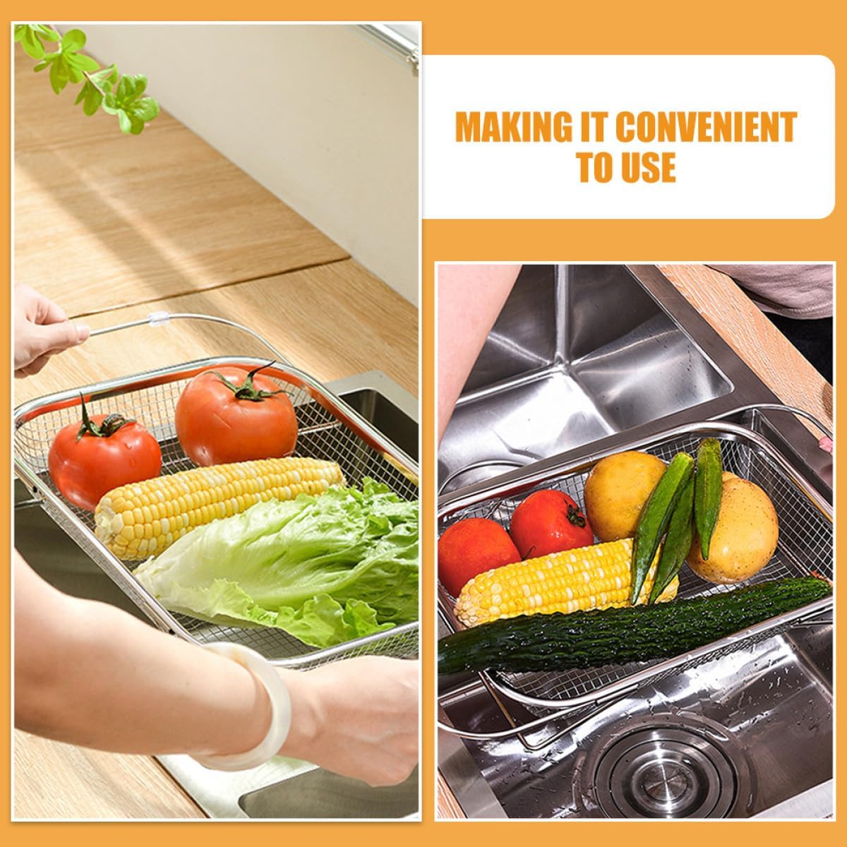 Stainless Steel Expandable Over-the-sink Drain Basket Medium Size Kitchen Strainer for Washing Fruits Vegetables and Dishware Food Storage Colander