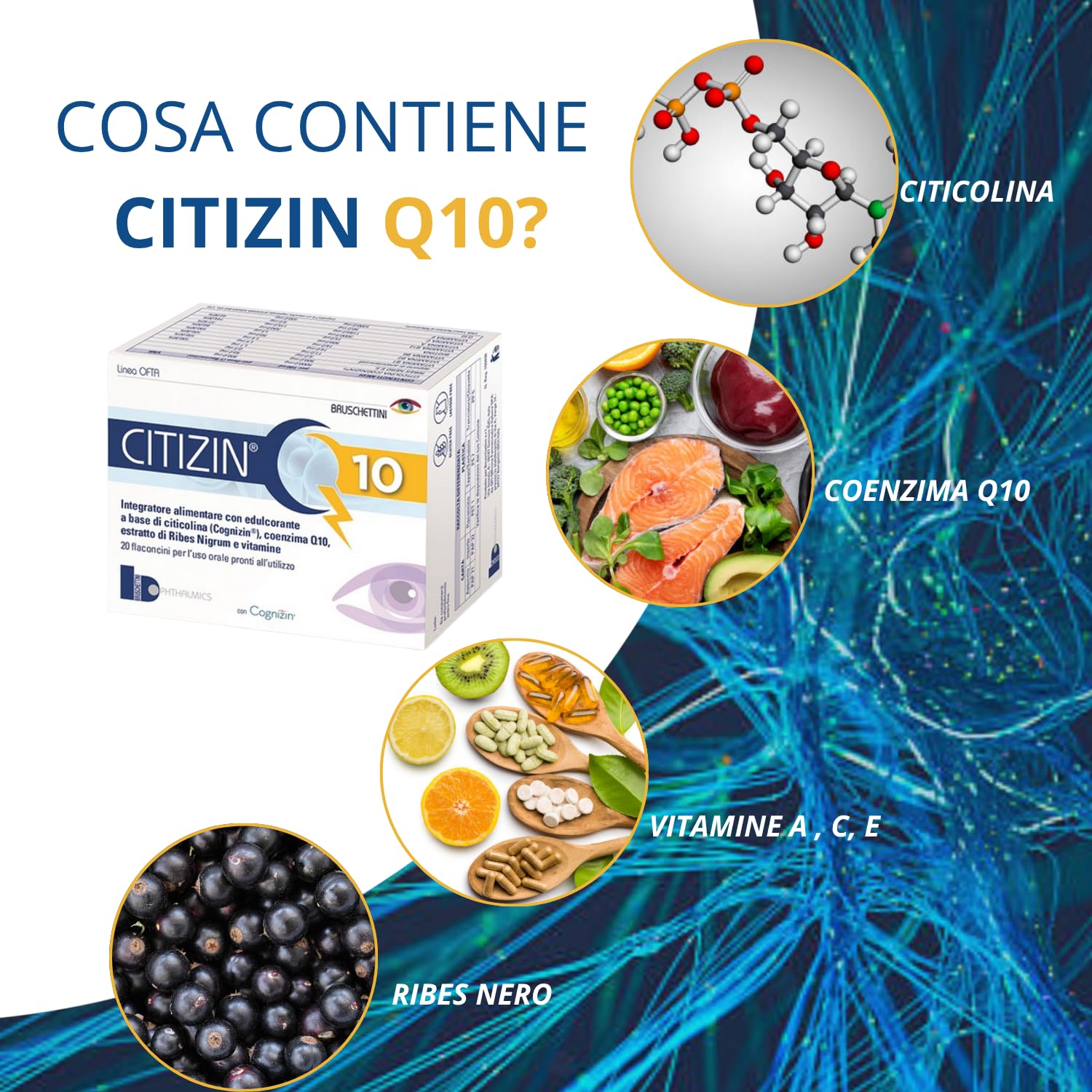 Q10 – 20 Flaconcini da 10 ml – Integratore Alimentare a base di Citicolina (Cognizin), Coenzima Q10, Vitamine A, C, E, Vitamine del gruppo B e Ribes nero
