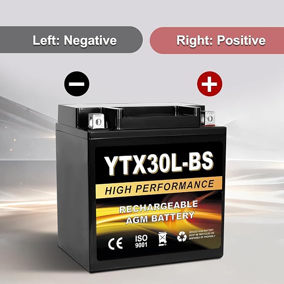 YTX30L-BS 12V 30Ah AGM Sealed Motorcycle Battery, Maintenance-Free, Compatible with ETX30L-BS Harley Davidson, Polaris Sportsman, ATV UTV Snowmobile