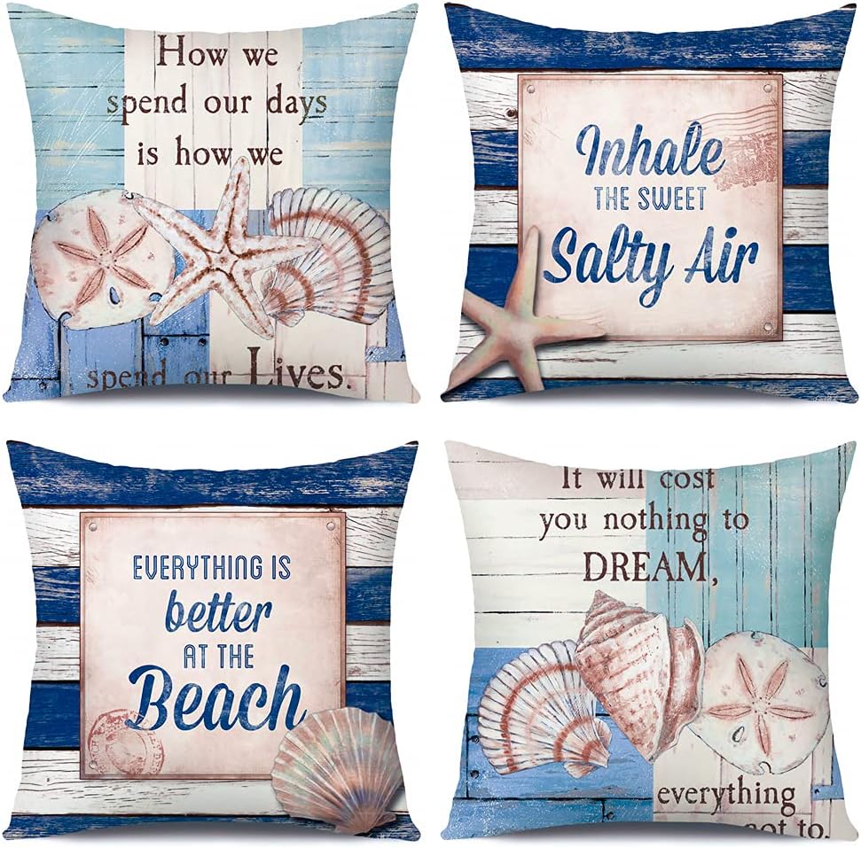 Artscope Cozy Cushion Covers, Set of 4 Soft Velvet Blue Seaside Holiday Pattern Decorative Throw Pillow Covers Cases for Sofa Couch Bedroom Living Room Home Decor 45x45CM