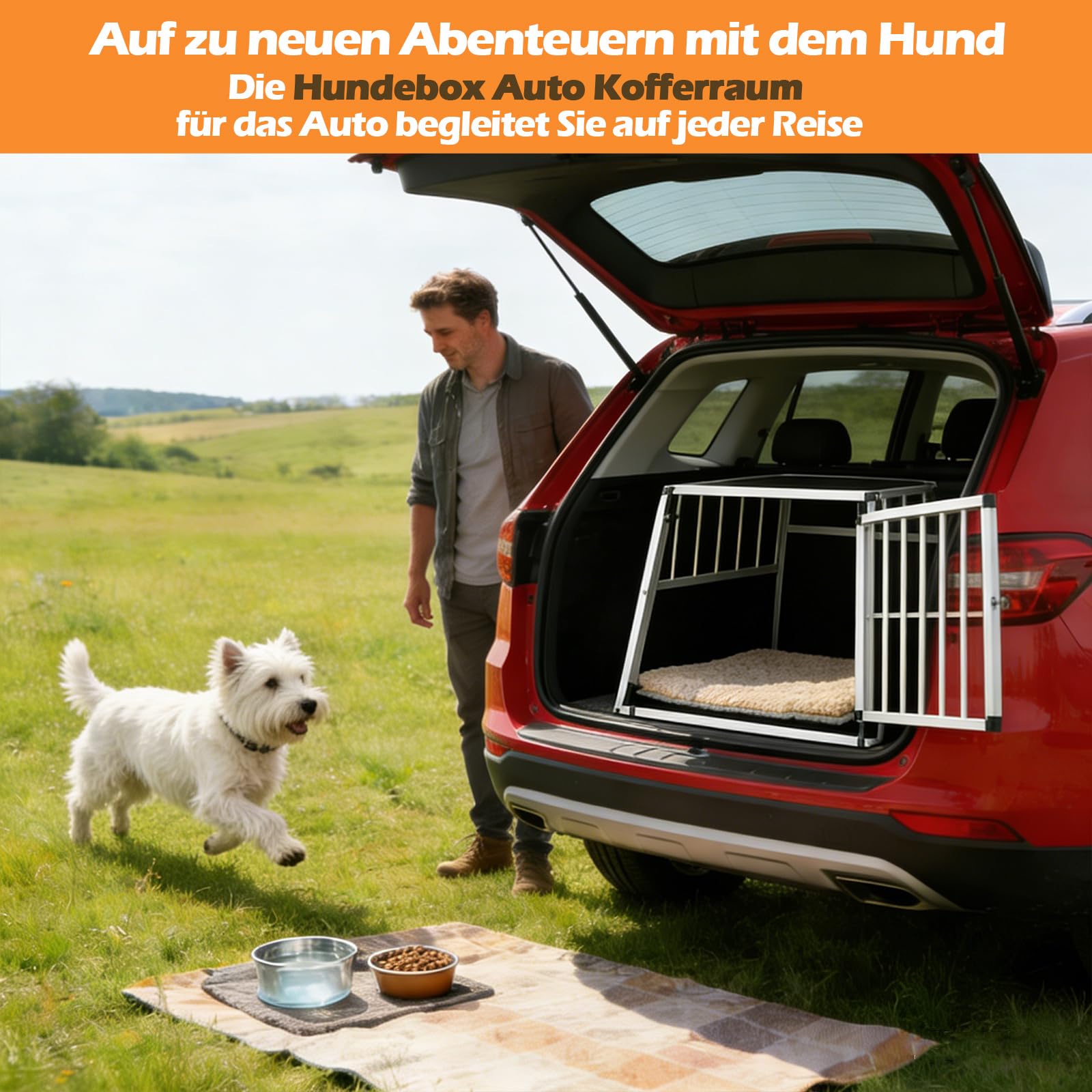 GYMAX Hundebox Auto, Transportbox Hund mit Sicherheitsverschluss, leicht & stabil, Alu Hundetransportbox für Kofferraum, Rückbank & Zuhause (69,5 x 54 x 50,5 cm)
