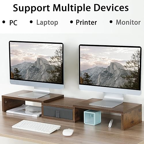 Miniatura 2 de TEAMIX Soporte elevador para monitor de 3 estantes con longitud de cajón y ángulo ajustable doble elevador de monitor con esquina de almacenamiento
