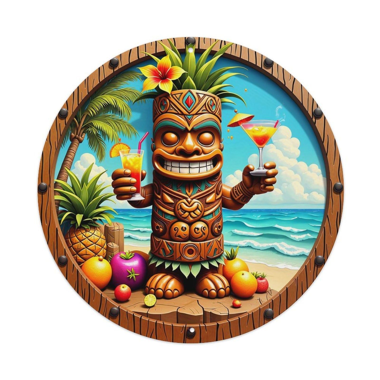 Tiki God Tropical Beach Scene Tin Sign Metal Poster Vintage Metal Signs for Home Man Cave Bar Cafe Kitchen laundry room Wall Decorations 8x8 inches