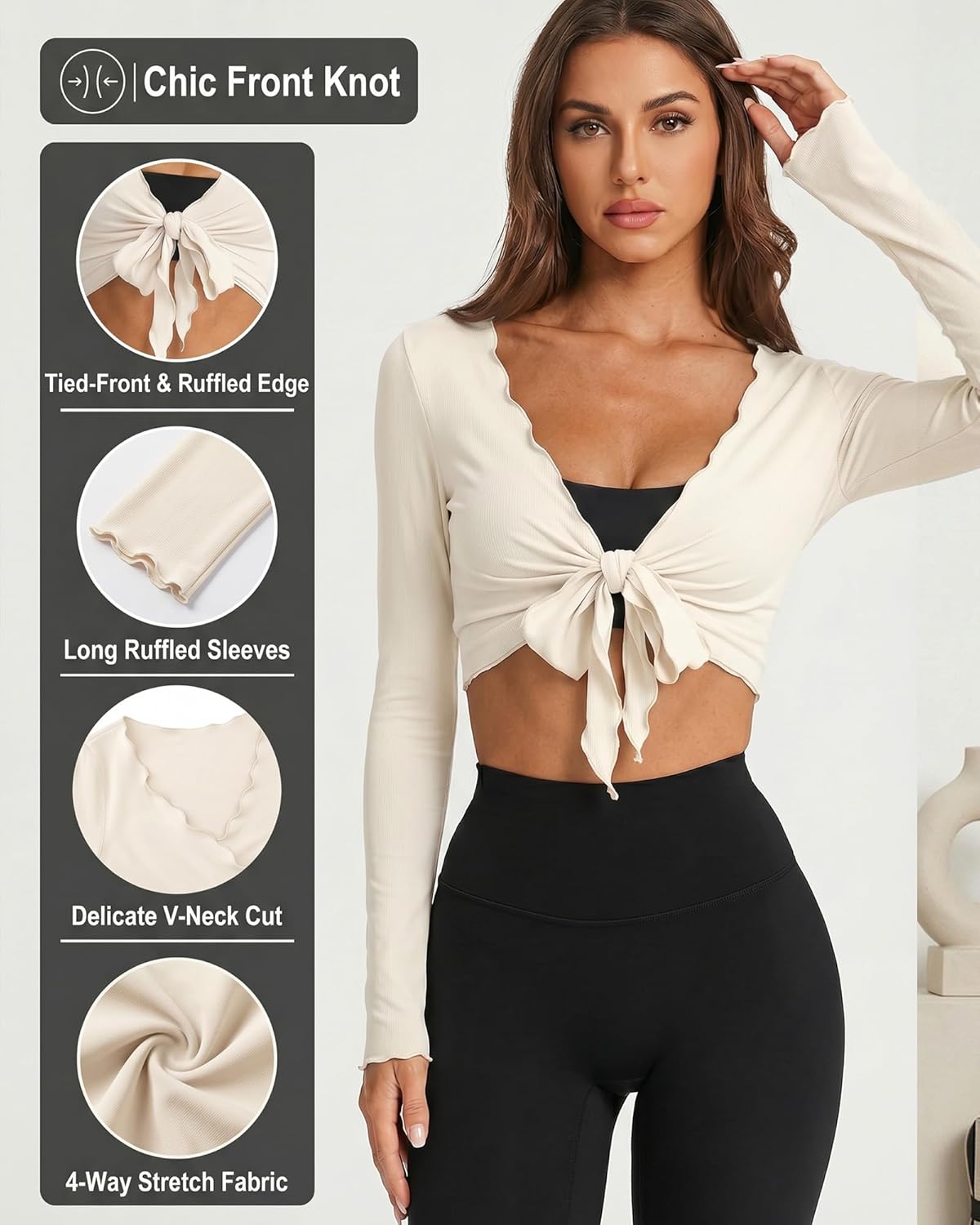 Coume 2 Pack Women Tie Front Wrap Tops Long Sleeve Pilate Ballet Ruffle Bolero Shrugs Crop Yoga Layering Workout Cardigan