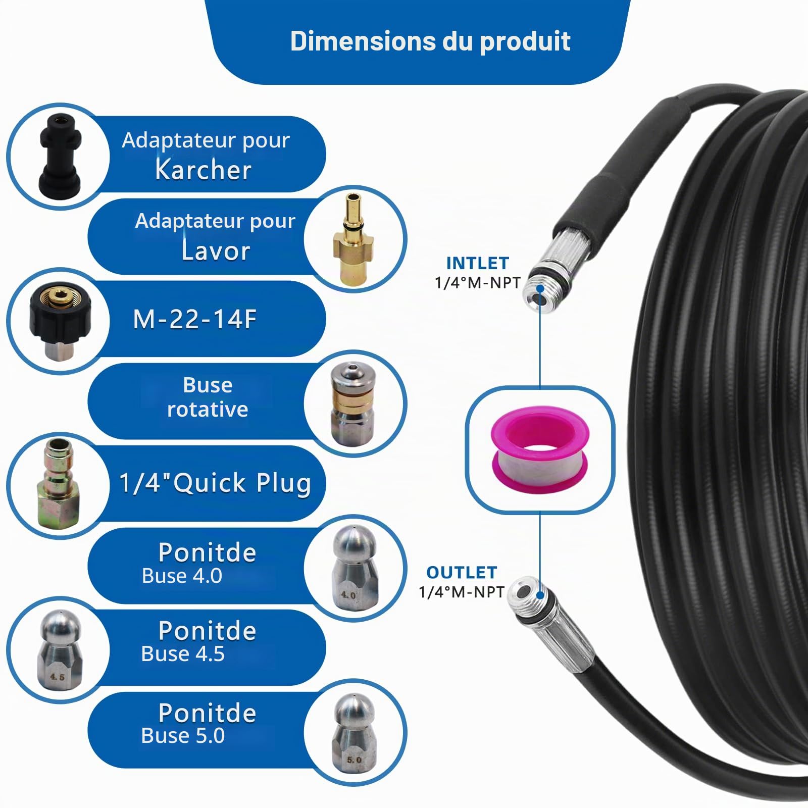 30M Tuyau Déboucheur Canalisation Kit, compatible avec Kärcher k2-k7, Bosch, 400 Bar/5800PSI, Déboucheur Canalisation Haute Pression, Tuyau de Nettoyage Pression, avec Buses et Adaptateurs