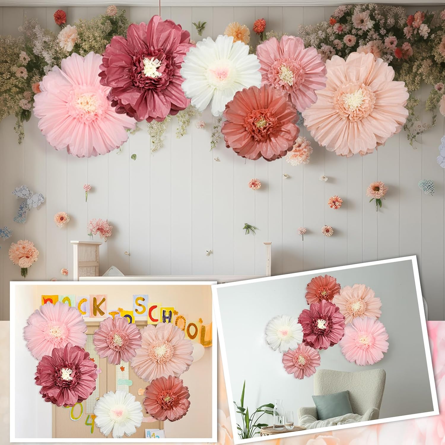 Giegxin 6 Pcs Colorful/Pink/White/Pastel/Rose Red/Orange Giant Paper Flower Extra Large Tissue Flower for Wall Mexican Fiesta Crepe Wedding Bridal Shower Birthday (31.5",24",Pink)