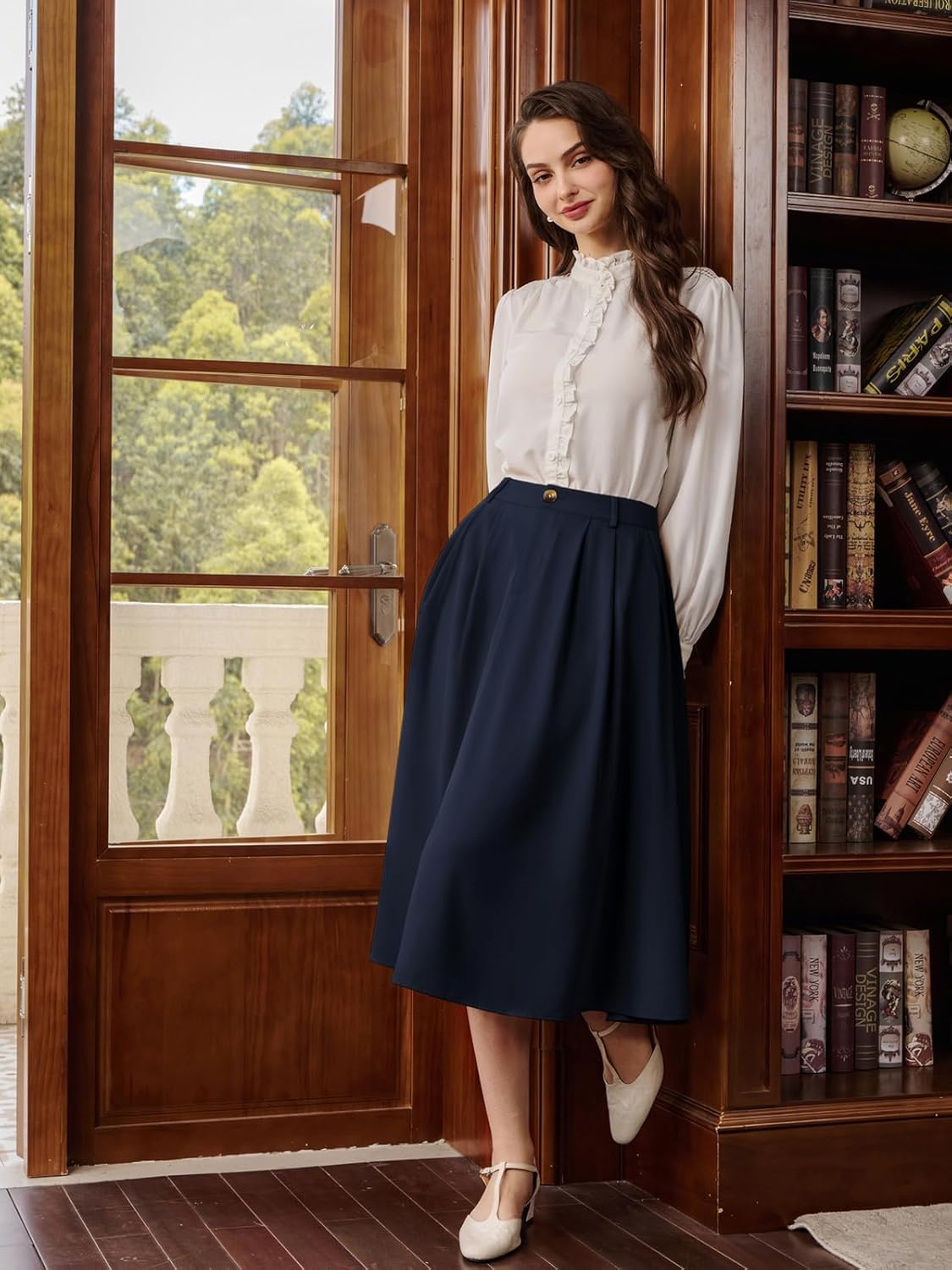 Belle Poque Women Vintage Pleated Skirt with Pockets A Line Midi High Elastic Waist Flared Skirt for Office Daily - Image 3
