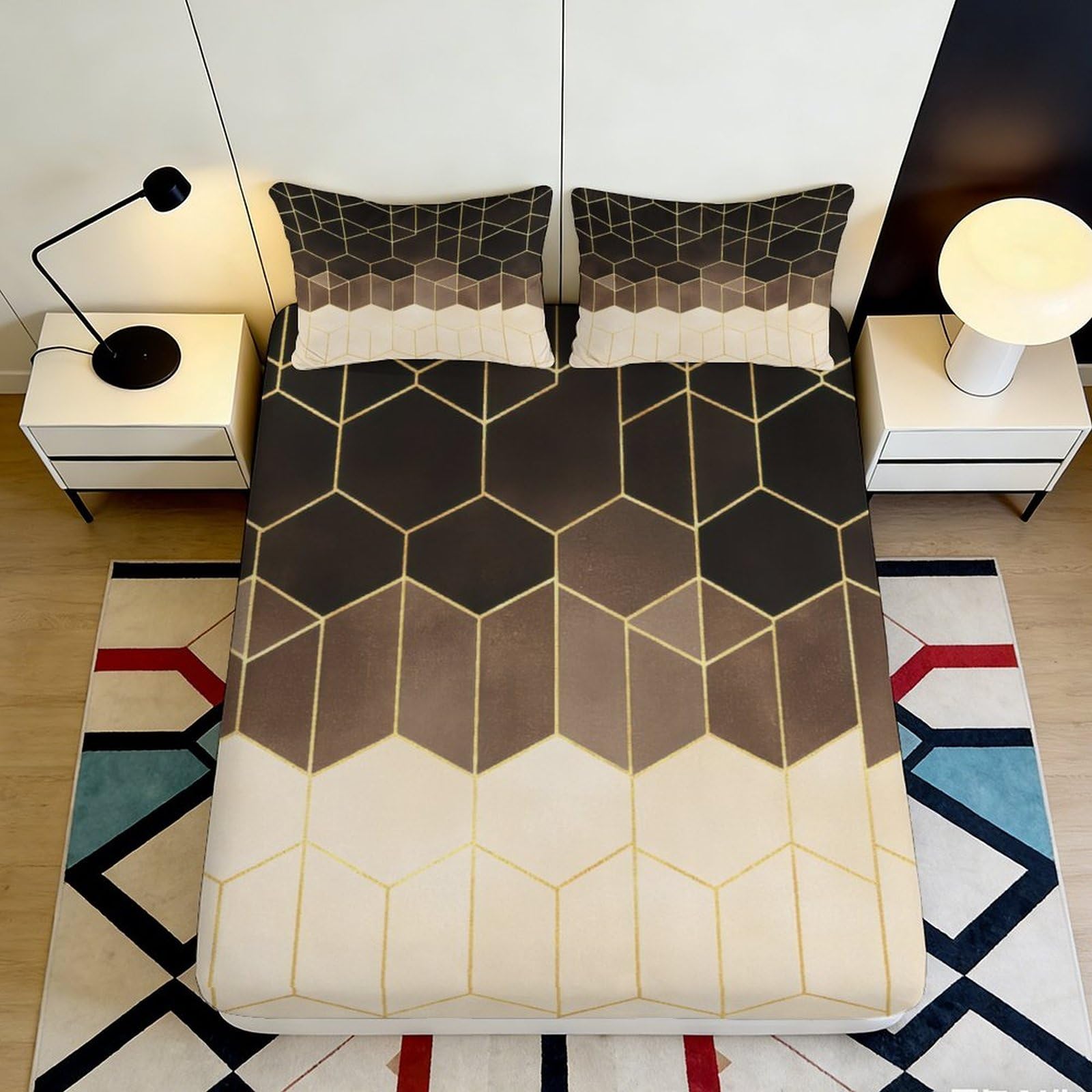 3D Printed Geometric Pattern Fitted Sheet Microfiber Soft Breathable Hexagon Design Mattress Cover for Bedroom Dormitory Guest Room Protection 200x200x25cm
