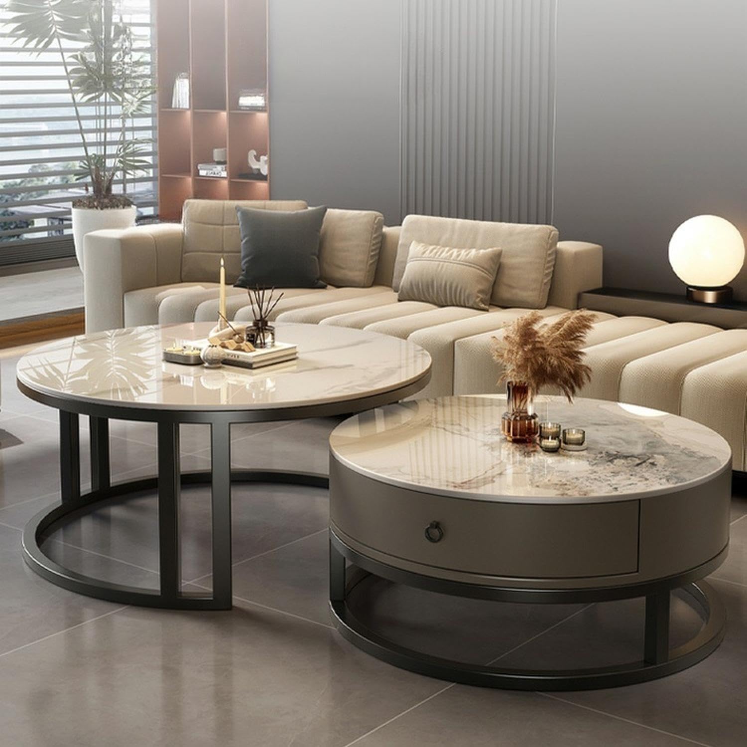 Round Nesting Coffee Table with Storage Drawer Set of 2, Modern Cocktail Table with Faux Marble Top for Living Room Small Space 27" Black/Grey-White 27.5"L x 27.5"W x 18"H + 19.5"L x 19.5"W x 16"H Black/ Grey Base-white Top