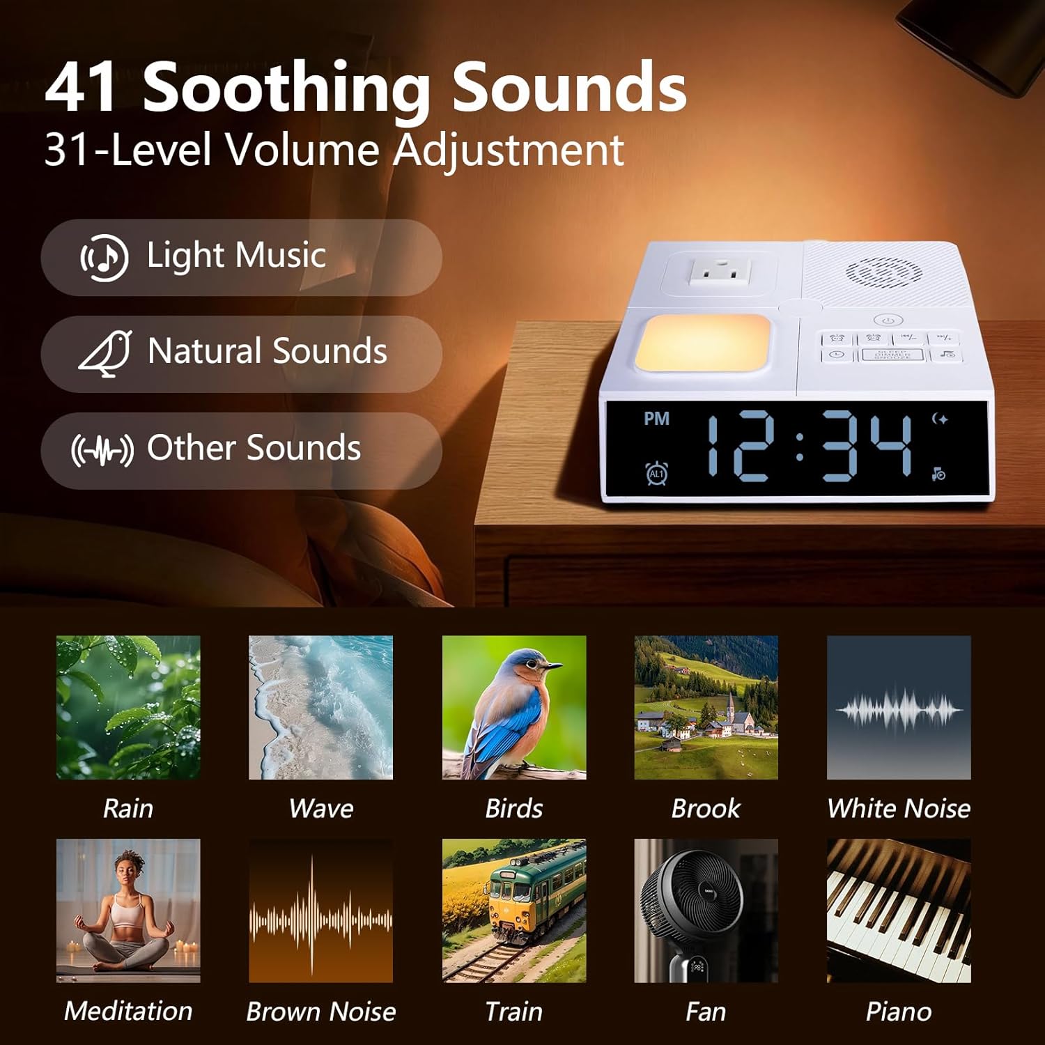 White Noise Sound Machine with Dual Alarm Clock - Soft Night Light 41 Non Looping Sounds USB Port Charger 3 Timers Memory Function 31 Adjustable Volume Sleep Sound Machine for Adult & Home Bedroom