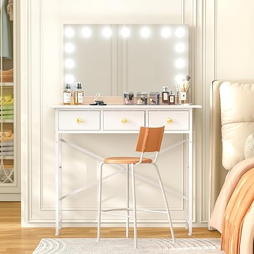 Mesa de tocador de maquillaje DAOUTIME sin espejo, tocador de 37.2 pulgadas con 3 cajones, mesa de tocador para niñas para dormitorio, pequeña mesa