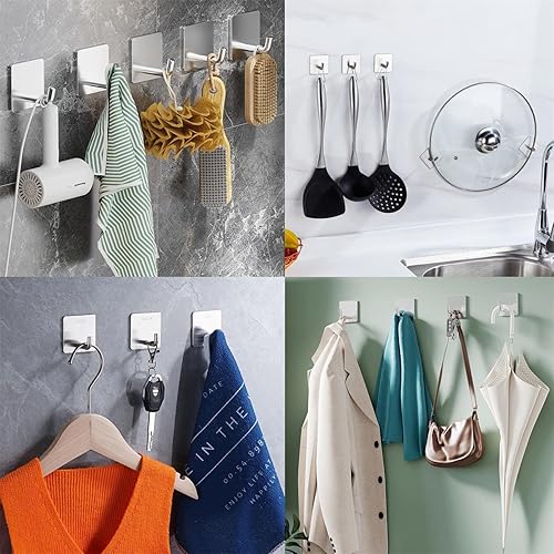 Miniatura 5 de Ganchos adhesivos resistentes, ganchos de pared para colgar, ganchos de bata de acero inoxidable impermeables para cocina, baño, hogar, con 6+2 (2