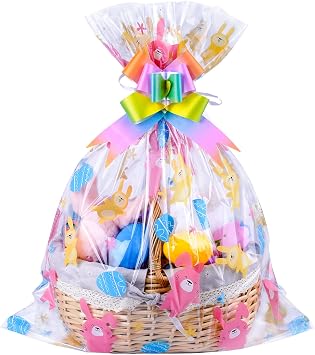 FloraSea 10pcs Easter Bags 24x30 Inch Cellophane Easter Basket Bags Clear Plastic Easter Bags for Large Baskets Gift Wrapping with 10 Pcs Pull Bows