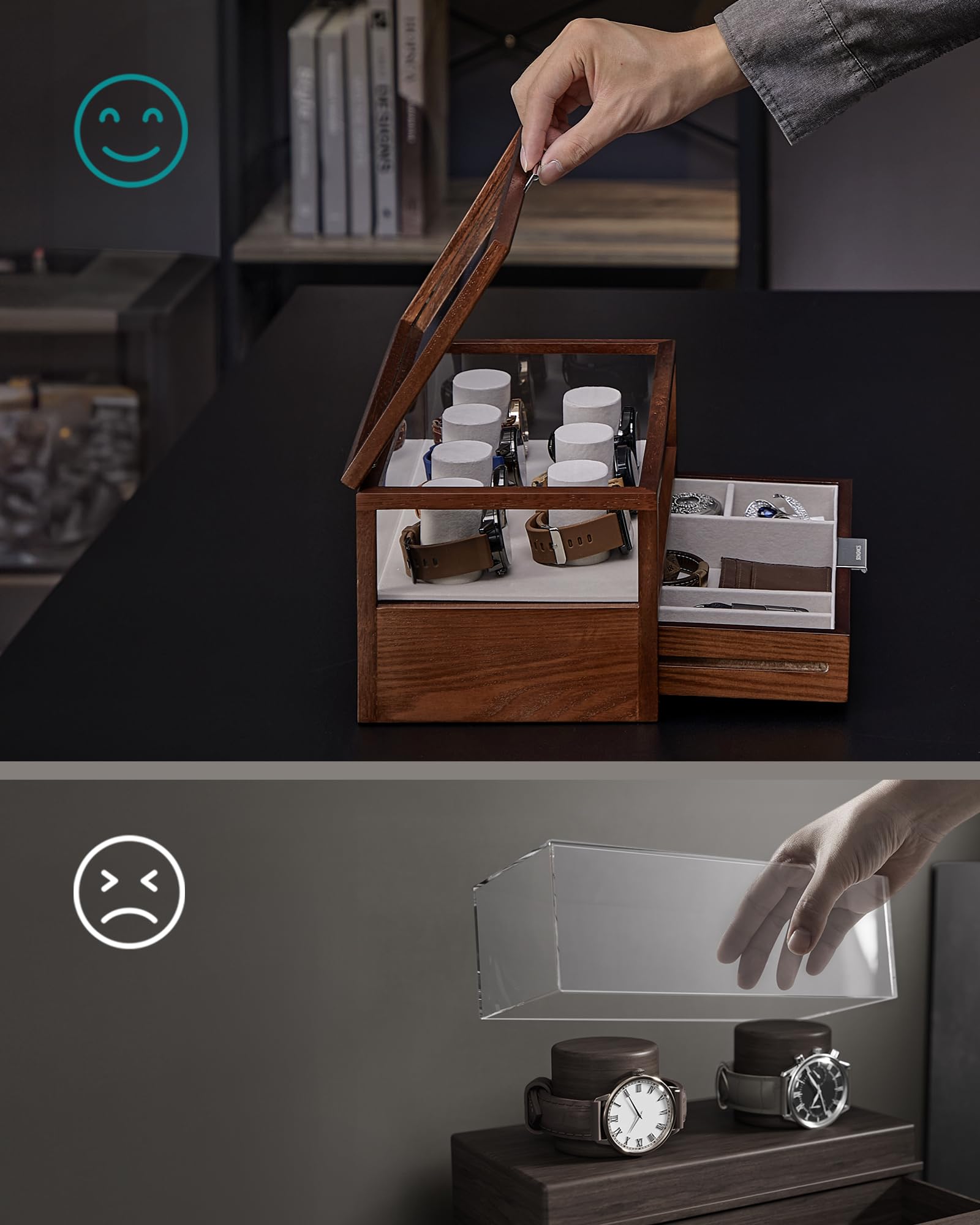 Horloge- en zonnebrillendoos met glazen deksel, sieradendoos voor heren, 6 vakken, 2 niveaus, horlogekast met slot, opbergdoos en display, cadeau voor dames en heren