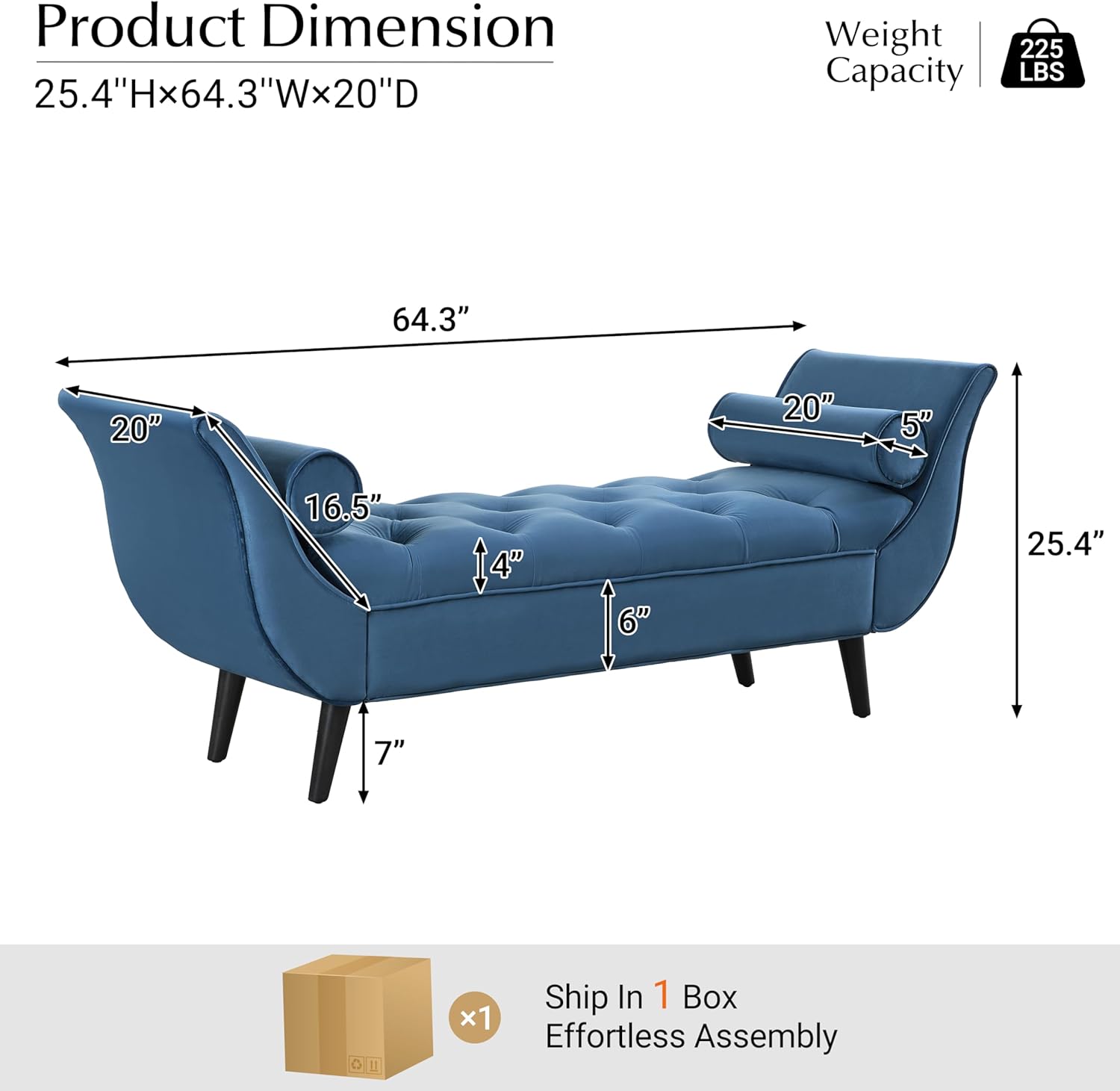 Merax Upholstered Velvet Bench, End of Bed Bench with 2 Pillows, Button Tufted Ottoman, Footstool with Rolled Arms, Foot Rest with Solid Wood Legs for Entryway, Living Room, Dining Room, Blue