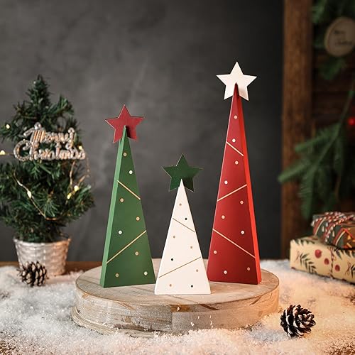 Miniatura 4 de Amorita Decoración rústica de Navidad de 3 piezas, árboles de Navidad de madera, decoración de mesa, árbol de madera independiente, centros de mesa