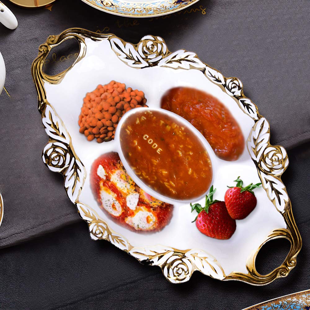 Unbrande Ceramic Five-Lattice Plate, Large Serving Plate, Gorgeous Gold,16 inches