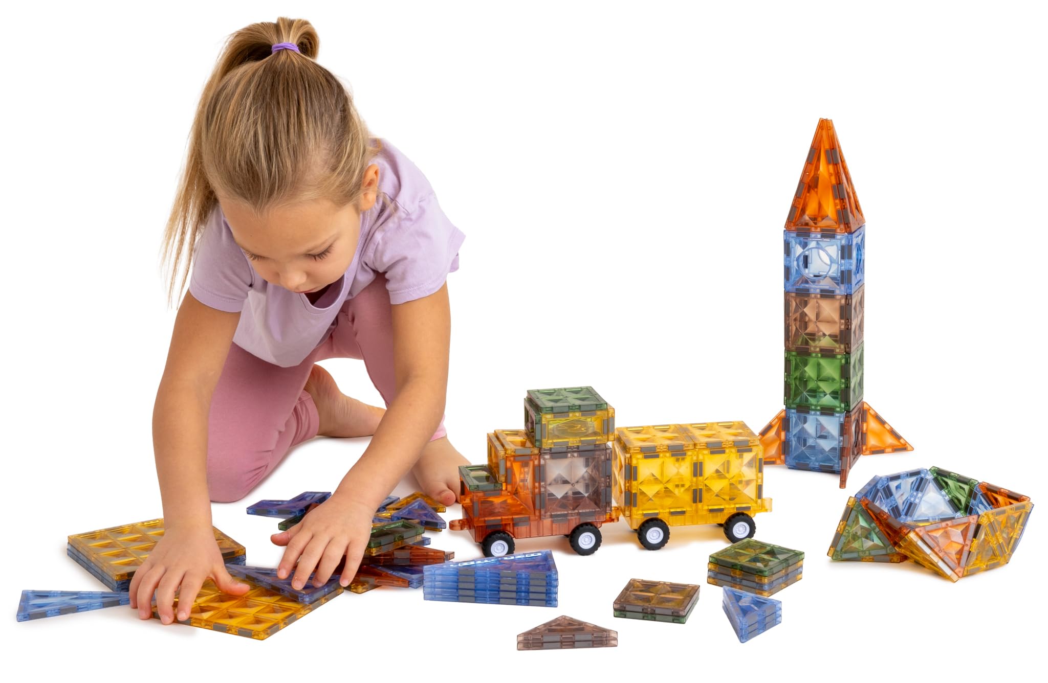 Magnetyczne Klocki Konstrukcyjne, Magic Magnetic Blocks 100 Elementów, Natularna Kolorystyka, Zestaw z Podwoziami, dla Dzieci 3+