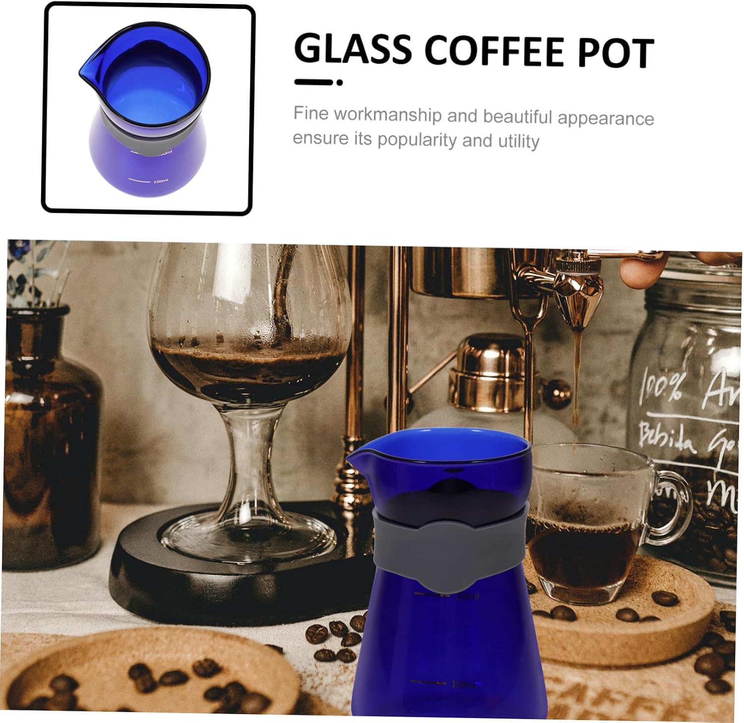 TEHAUX Glass Coffee Pot with Measurement Markings Sapphire Blue Heat-resistant Kettle for Brewing Tea and Coffee Comfortable Thick Handle Suitable for Hot and Cold Beverages at Home
