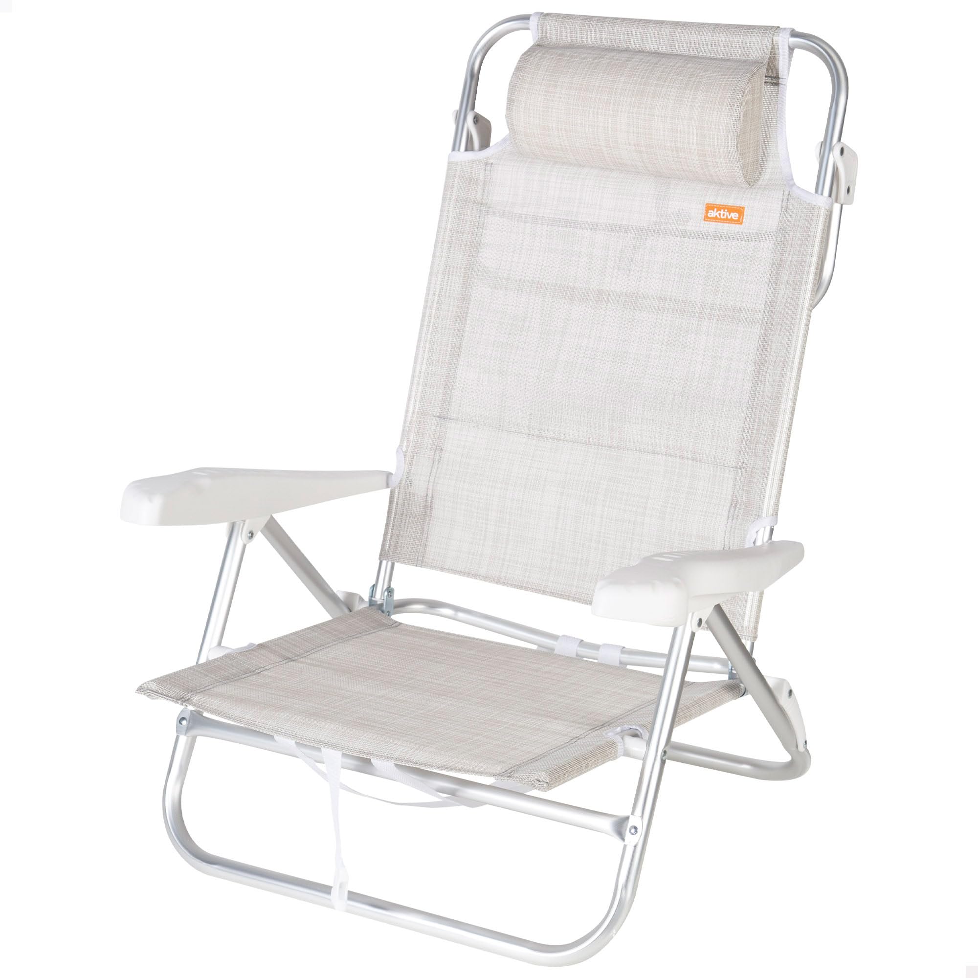 AKTIVE Chaise de Plage Pliable, Beige, Multipositions 8 Positions, textilène et Aluminium, 47 x 49 x 82 cm, Charge 110 kg, avec poignée de Transport