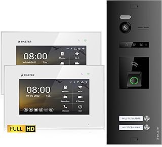 Balter EVO-HD Video Türsprechanlage mit Fingerprint, Video Türklingel, 2 Familienhaus, 2X 7 Zoll Monitore, Türklingel mit Kamera Full HD, 2 Draht Bus, 175° Weitwinkel, RFID,1080P