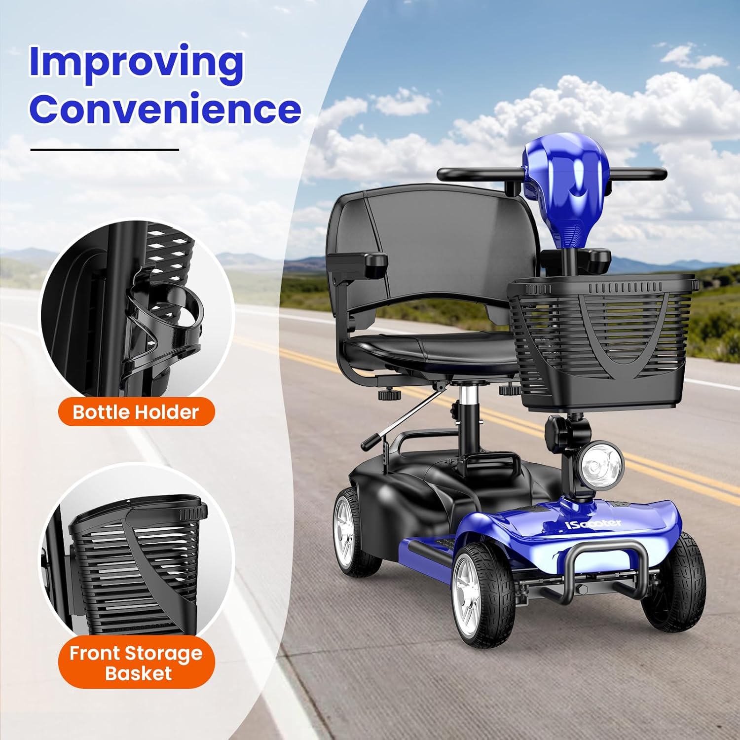 iScooter X-02 Mobility Scooter with bottle holder and front storage basket highlighted