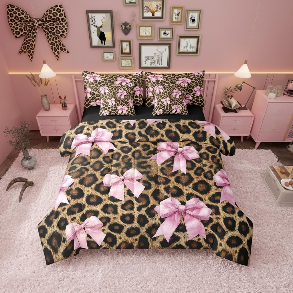 Parure de lit 7 pièces douce avec couette lit double imprimé léopard rustique et nœud rose