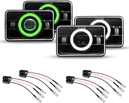 4Pcs 4x6 LED Headlights DOT Approved with Green Halo DRL+4Pack H4 9003 HB2 Wiring Harness Sockets