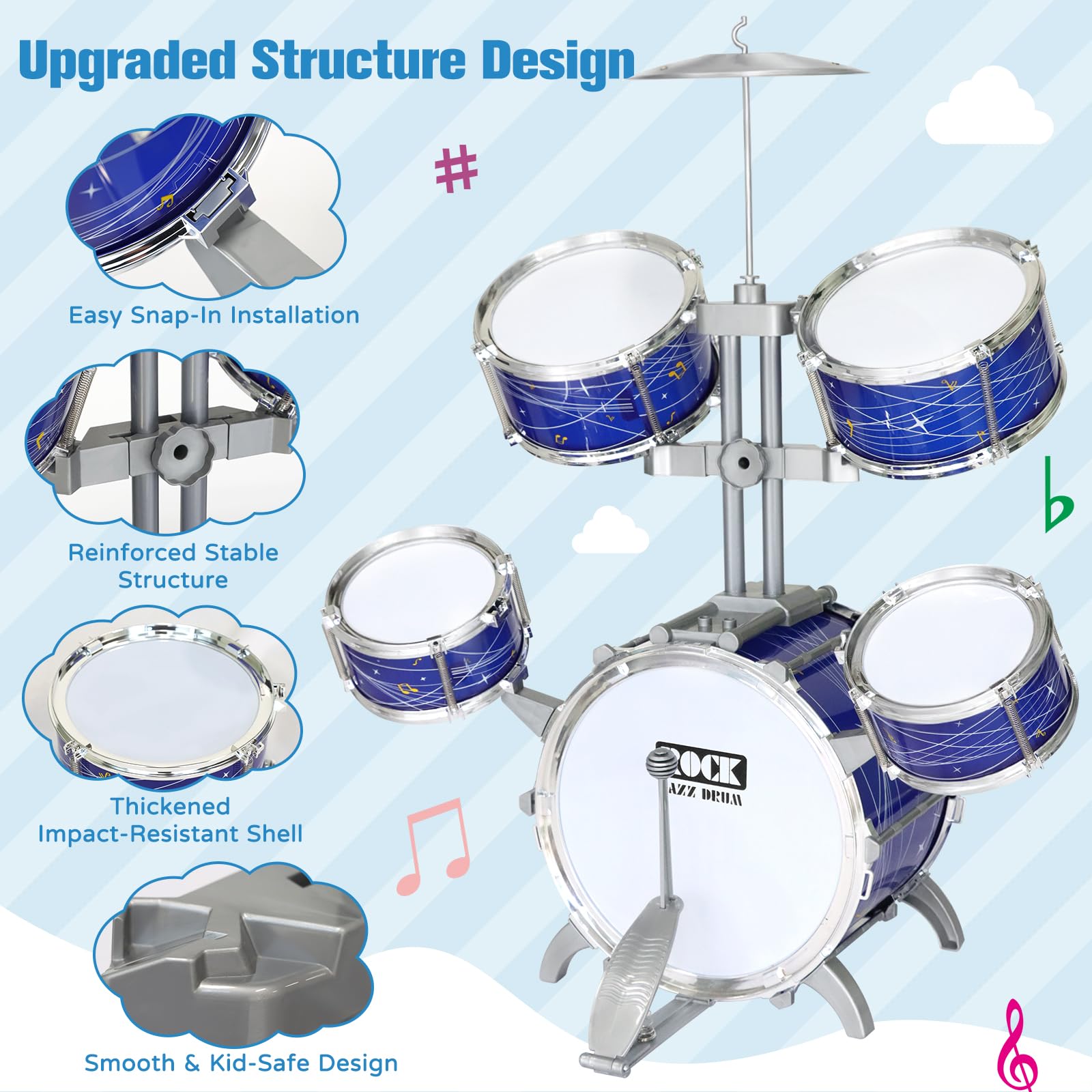 Set di batteria per bambini da 1 a 3 anni, kit di batteria jazz migliorato da 5 pezzi con sgabello, pedale per basso e piatto, strumento musicale a percussione per principianti, giocattolo regalo
