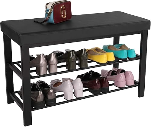 Miniatura 9 de SONGMICS Banco de zapatos zapatero de 3 niveles para entrada organizador de almacenamiento con asiento acolchado de espuma piel sintética marco de